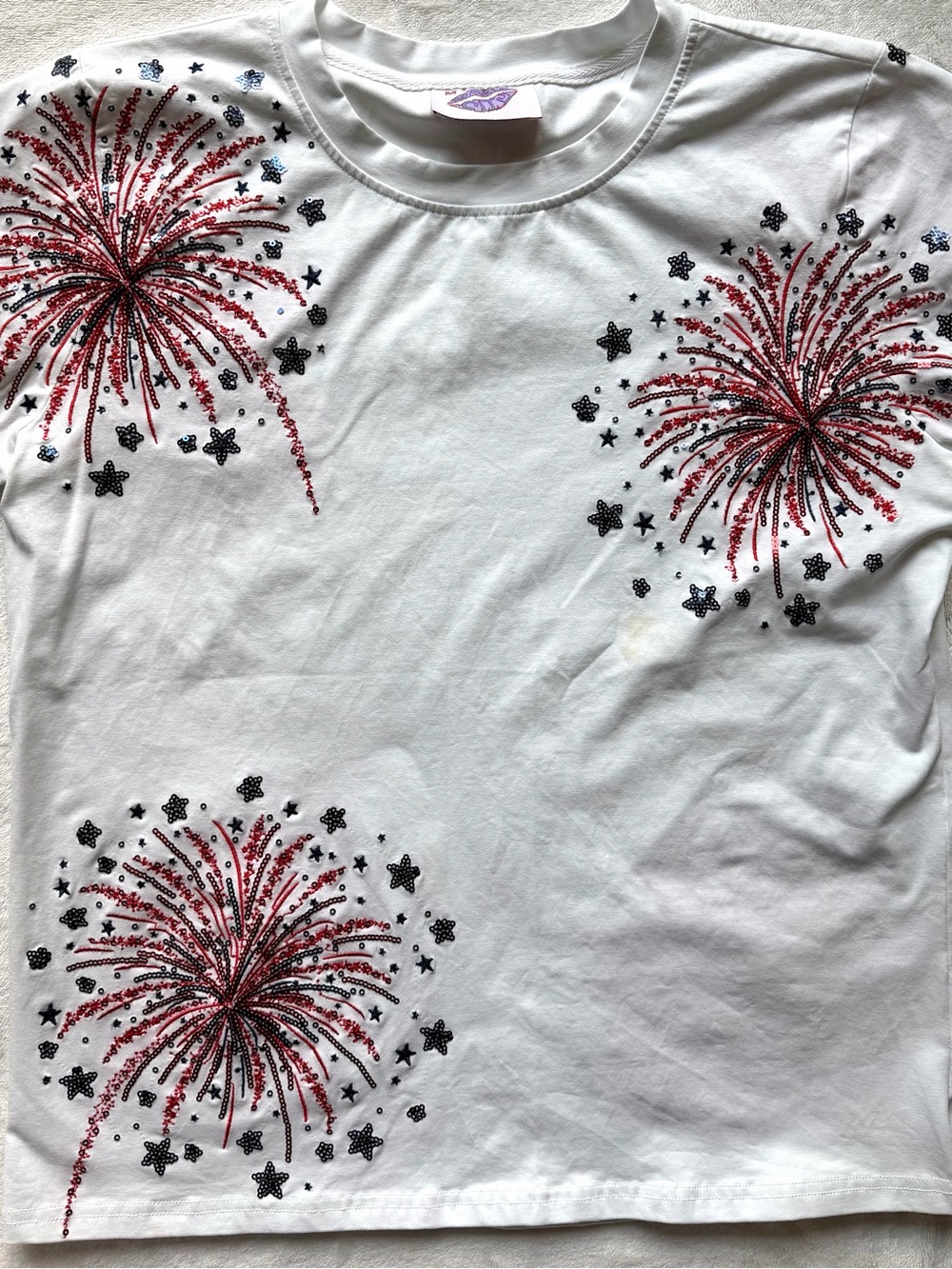 White Stretchy Tee with Red/Navy Sequin Firework Design on Front and Back